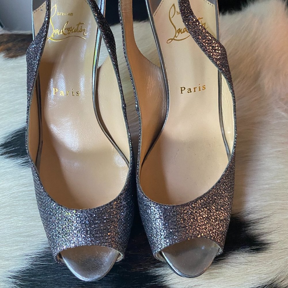 Christian Louboutin Silver Glitter Peep Toe Platform Sandal Size 39